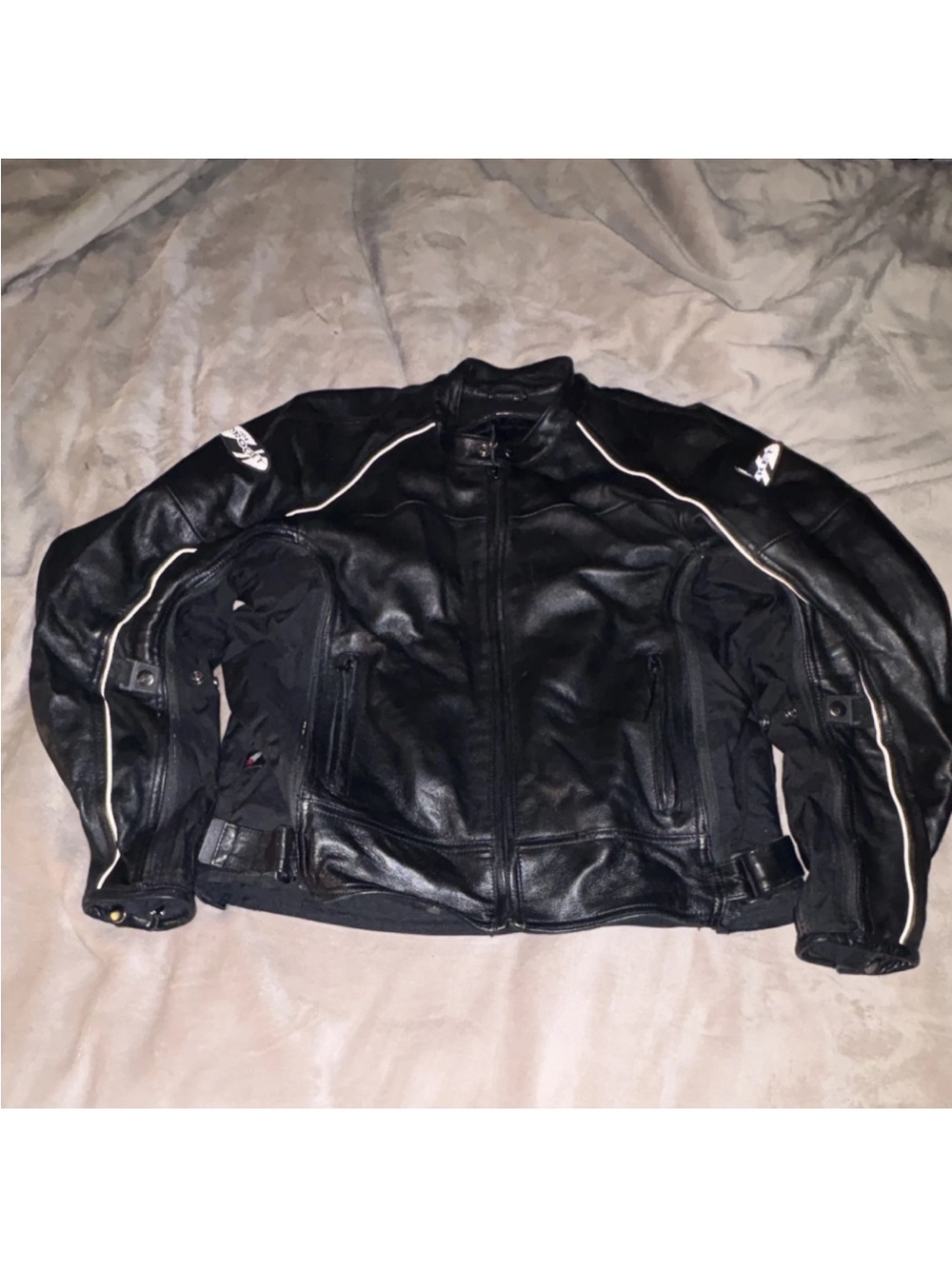 Joe Rocket Black Leather Motorcycle Bomber Jacket with White Piping